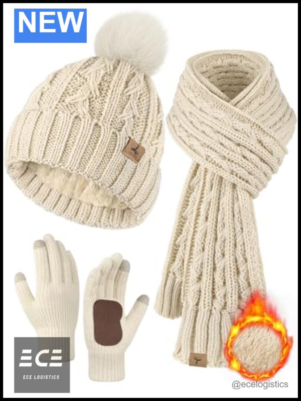 Cable Knit Pompom Winter Hat Scarf Gloves Set Fleece Lined Acrylic 3 Piece
